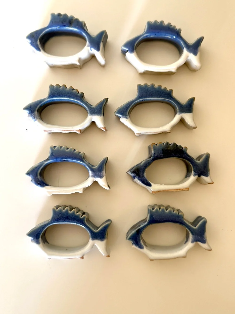 Vintage Blue White Ceramic Fish Napkin Rings Set of 8 Coastal Nautical Decor